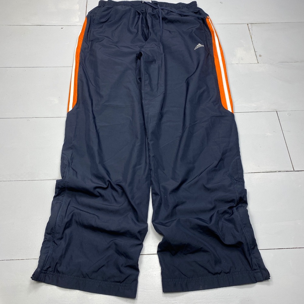 Adidas Track Pants Mens M Navy Orange Stripe Wide Leg Mesh Lined Windbreaker Y2k